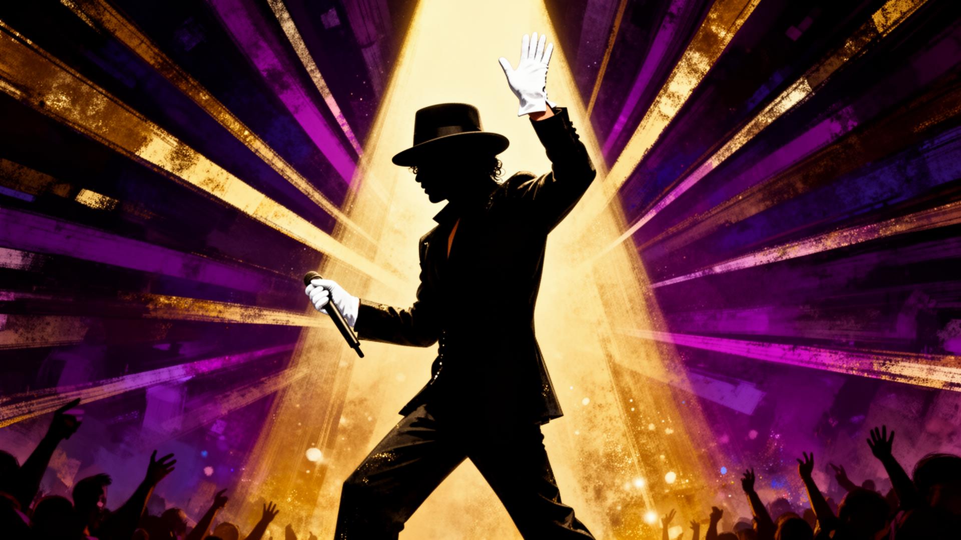 Stylized silhouette of an iconic pop performer under a stage spotlight