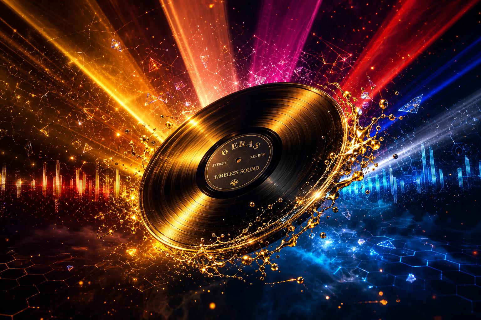 A vintage vinyl record floating under six coloured stage spotlights, symbolising six musical eras